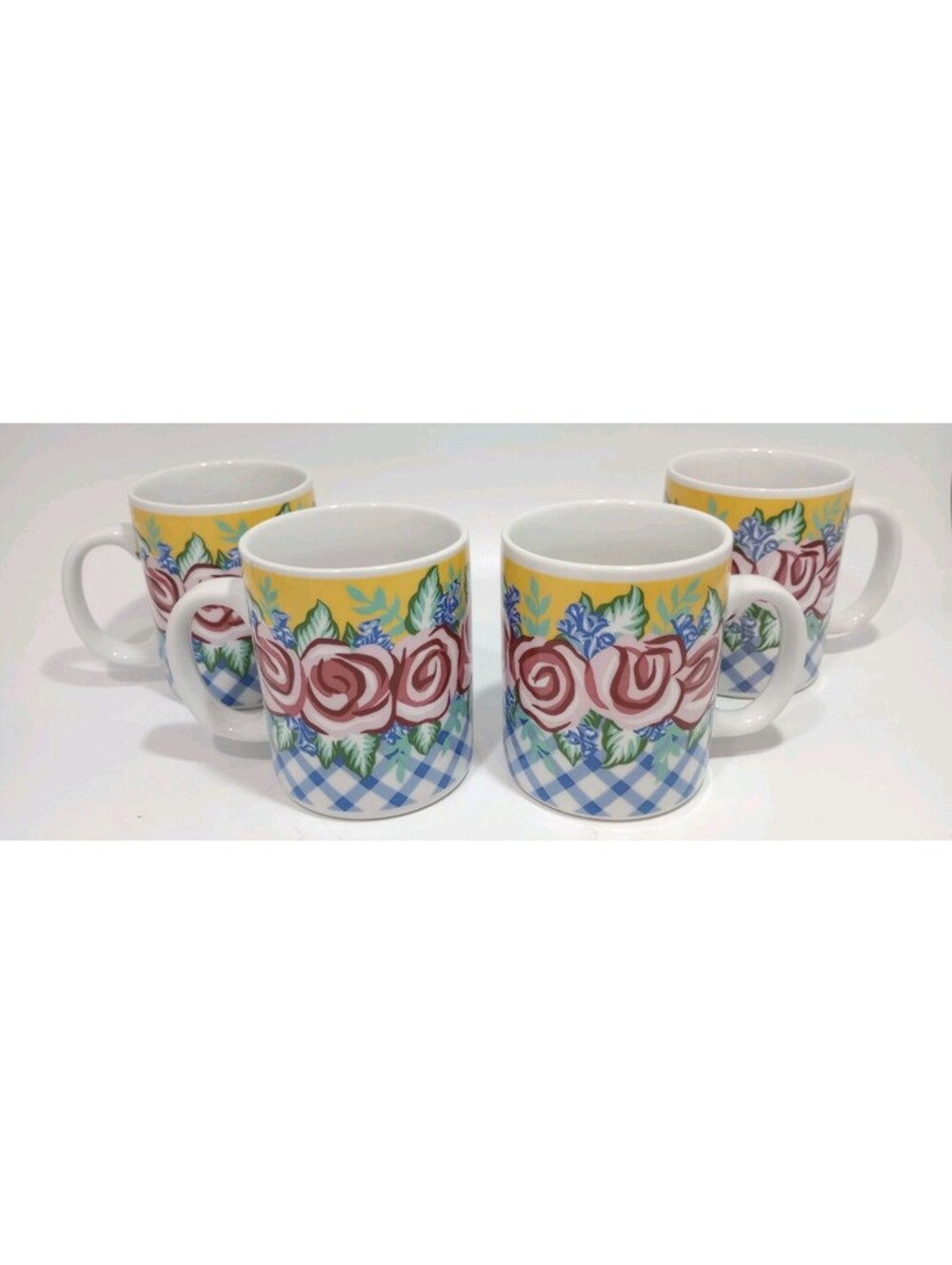 Set of 4 Cordon Bleu 12 oz D-handle  Coffee Mugs Cups Roses Buffalo Check